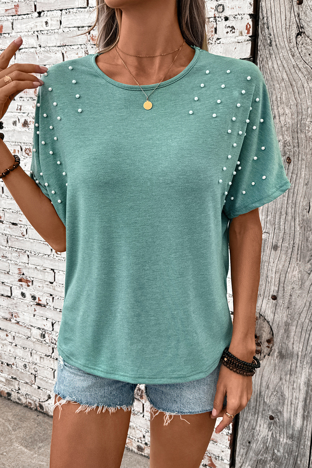 Mint Green Pearl Decor Lace Applique Crewneck T Shirt
