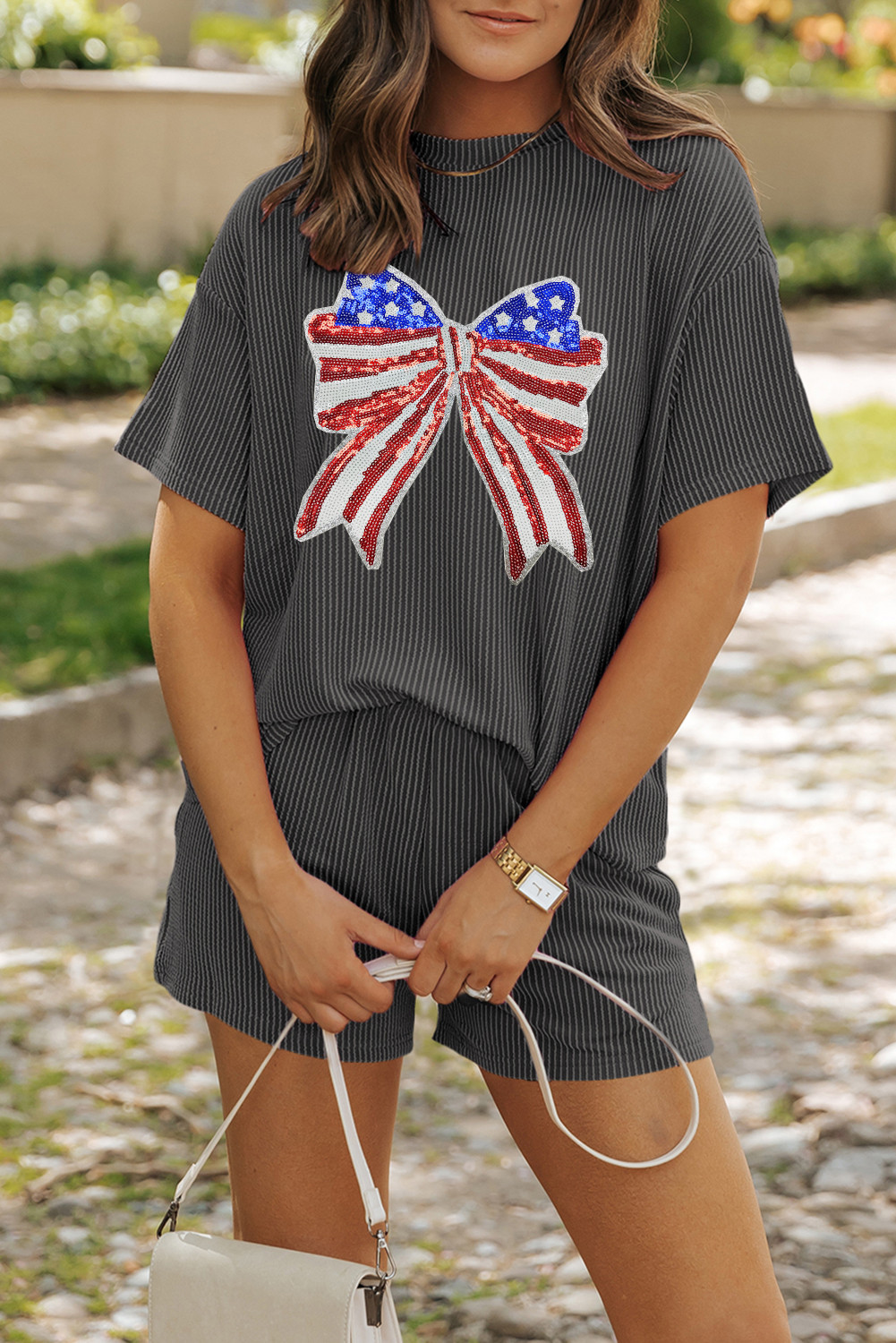 Carbon Grey Sequin American Flag Bow Graphic Ribbed Tee and Shorts Set