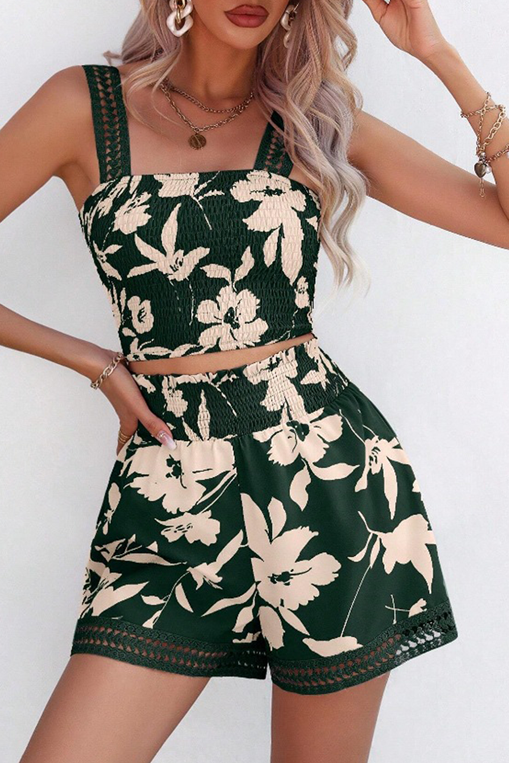 Green Floral Print Shirred Cropped Cami Top and Short Set