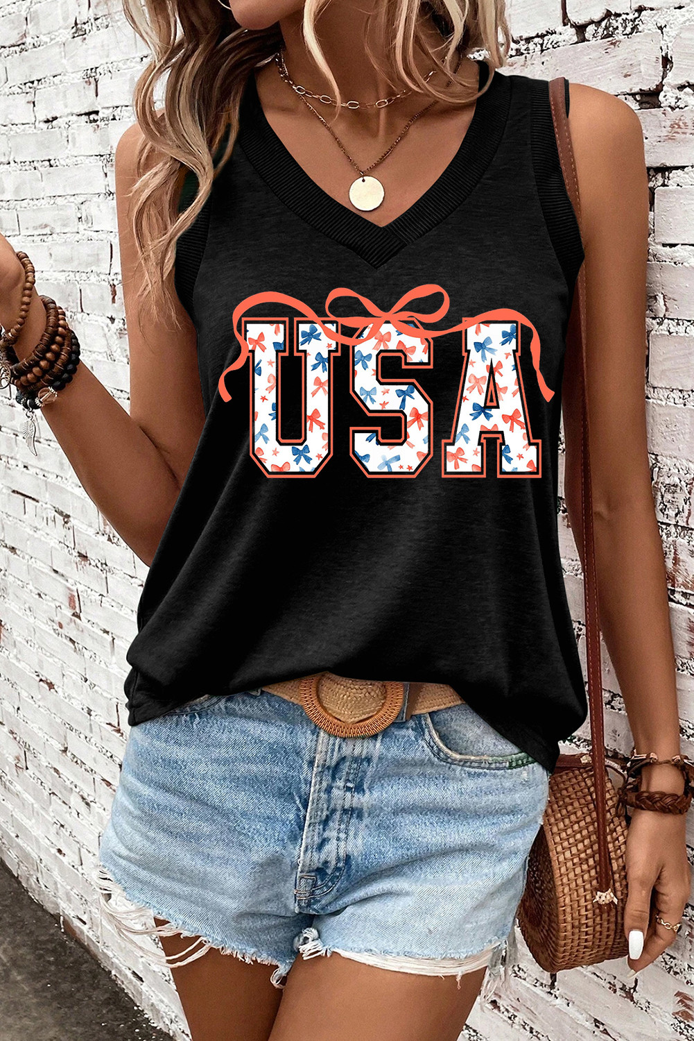 Black USA Bow Tie Print V Neck Graphic Tank Top
