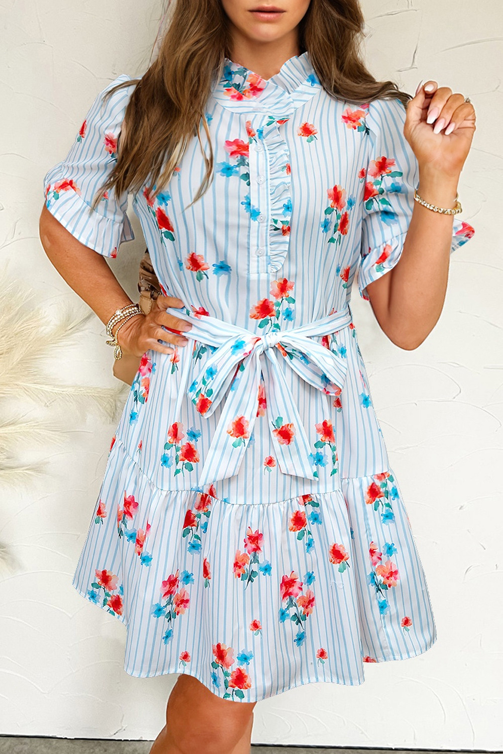 Sky Blue Striped Floral Print Ruffle Belted Mini Dress