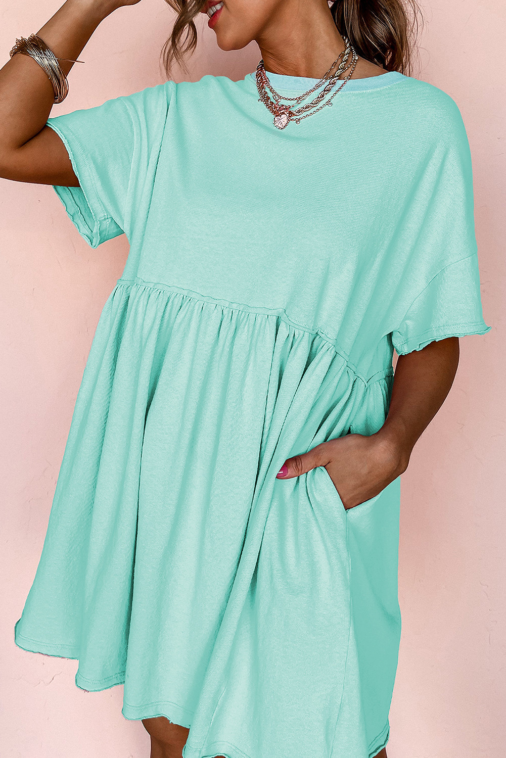 Moonlight Jade Solid Color Pocket Raw Edge Babydoll Dress