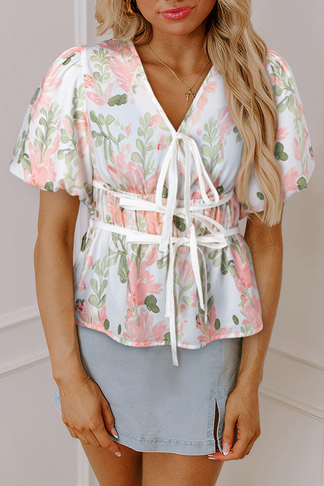 Pink Floral Puff Sleeve V Neck Tie Front Peplum Blouse