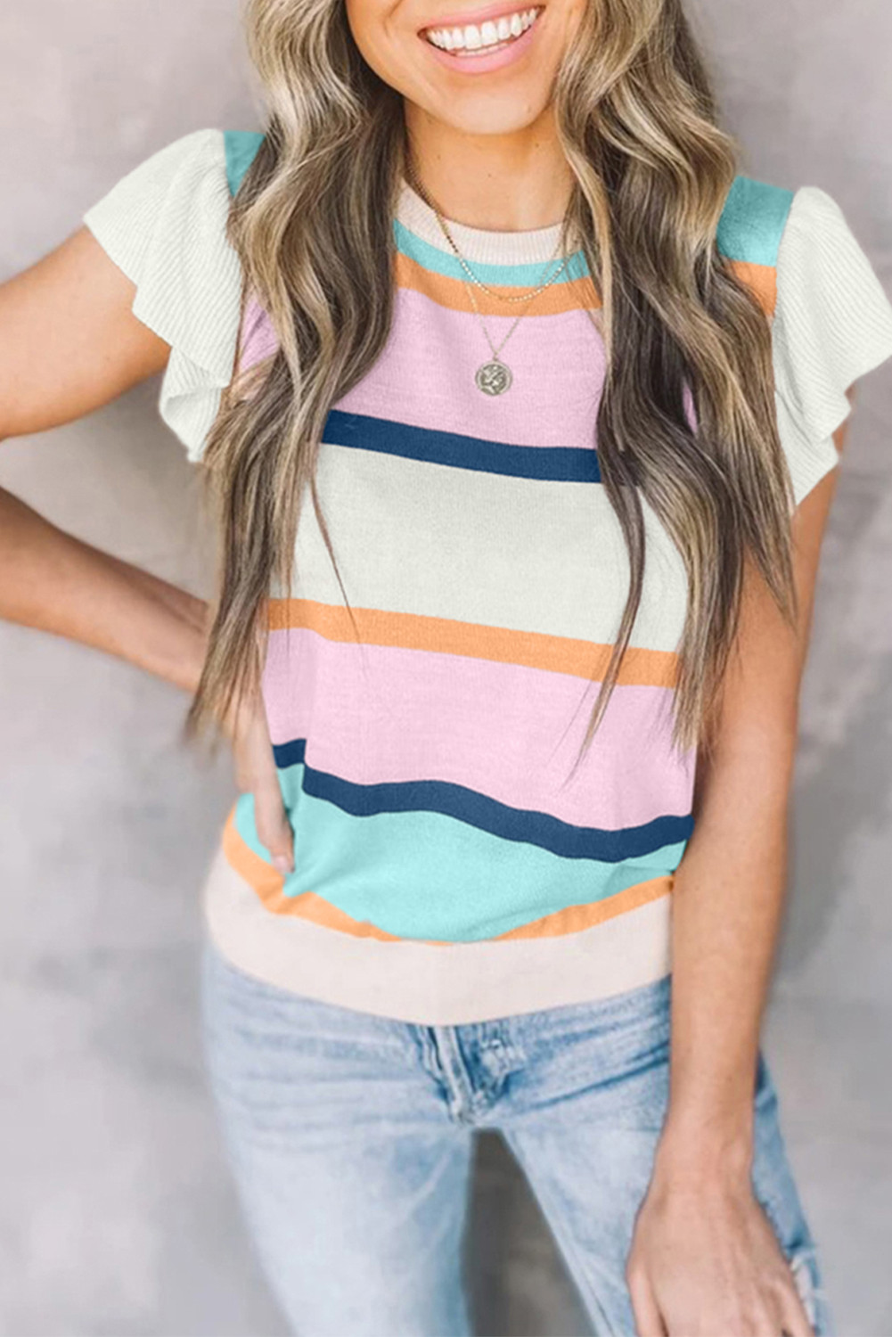 Multicolour Striped Colorblock Flutter Sleeve Knit Top