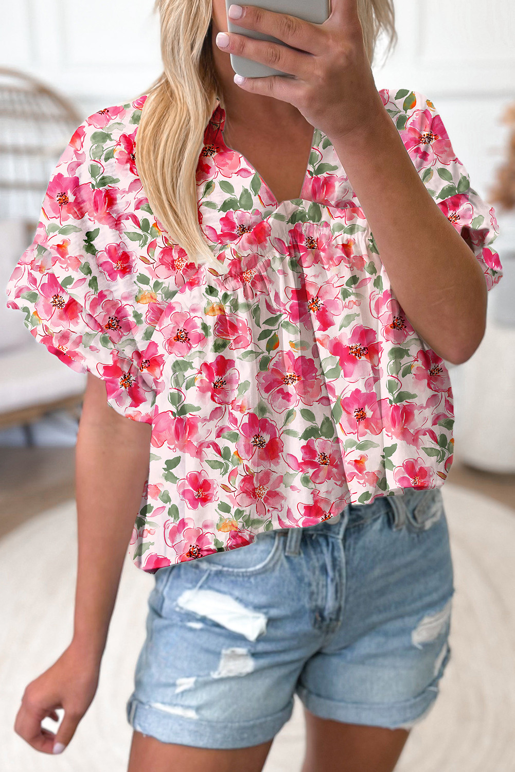 Pink Allover Floral Print Boxy Fit V Neck Blouse
