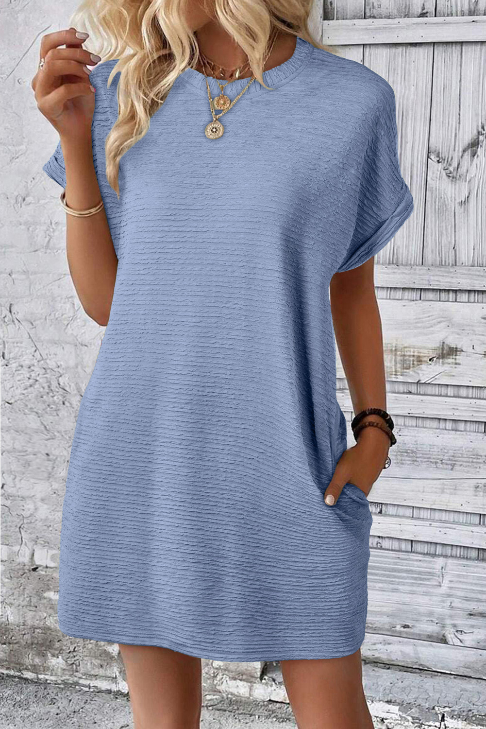 Myosotis Solid Color Textured Crinkle Mini T Shirt Dress
