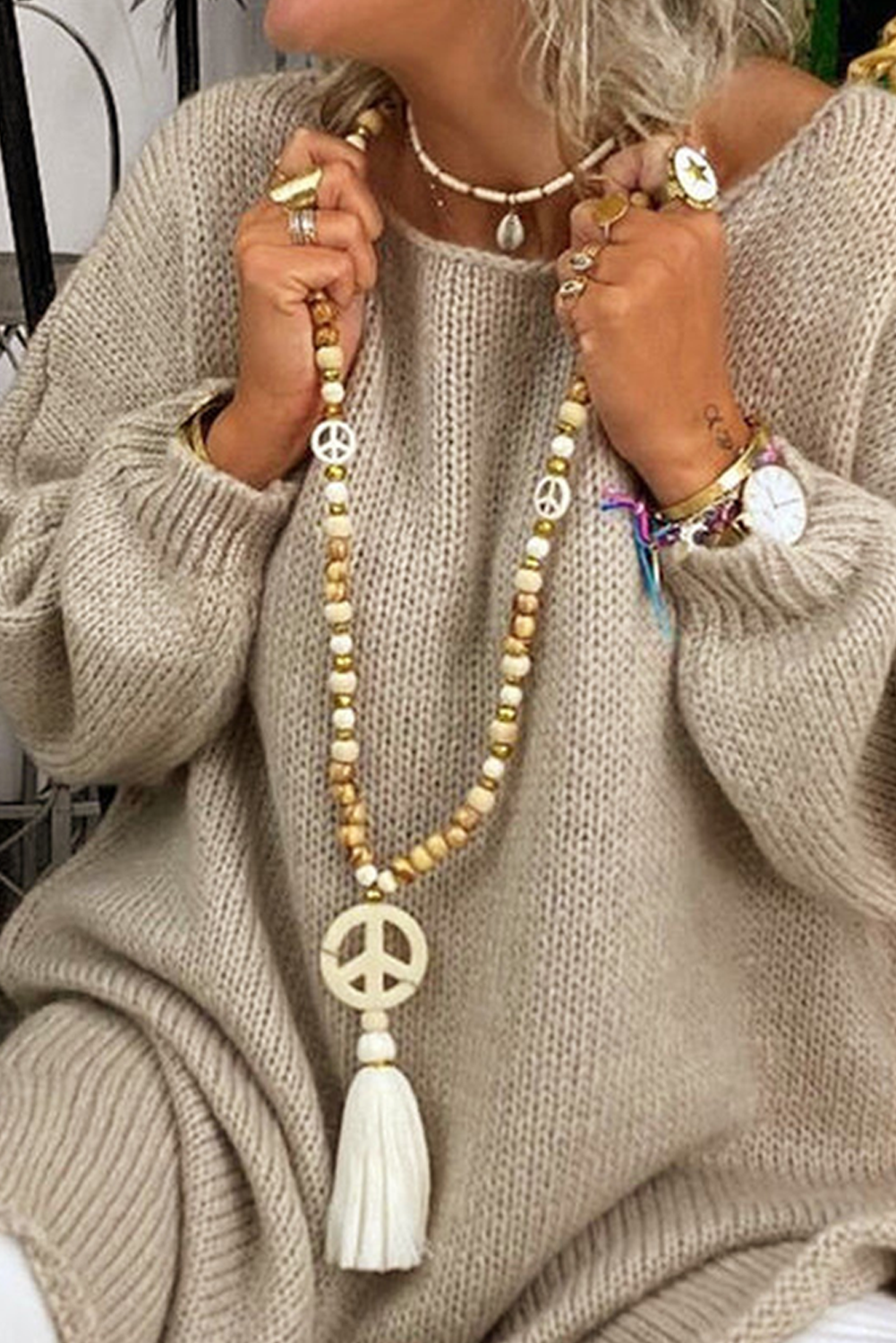 Beige Fringe Wood Beaded Necklace