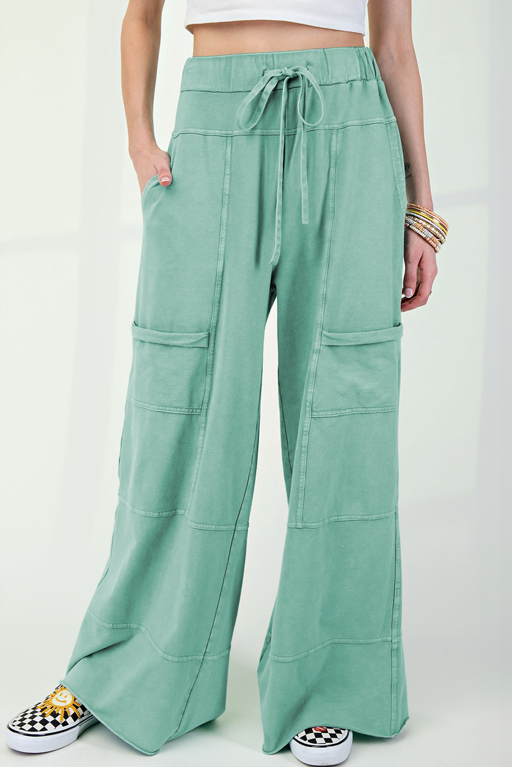 Shewin Wholesale Suppliers Mint Green Mineral Wash Exposed Seam Wide Leg Cargo PANTS