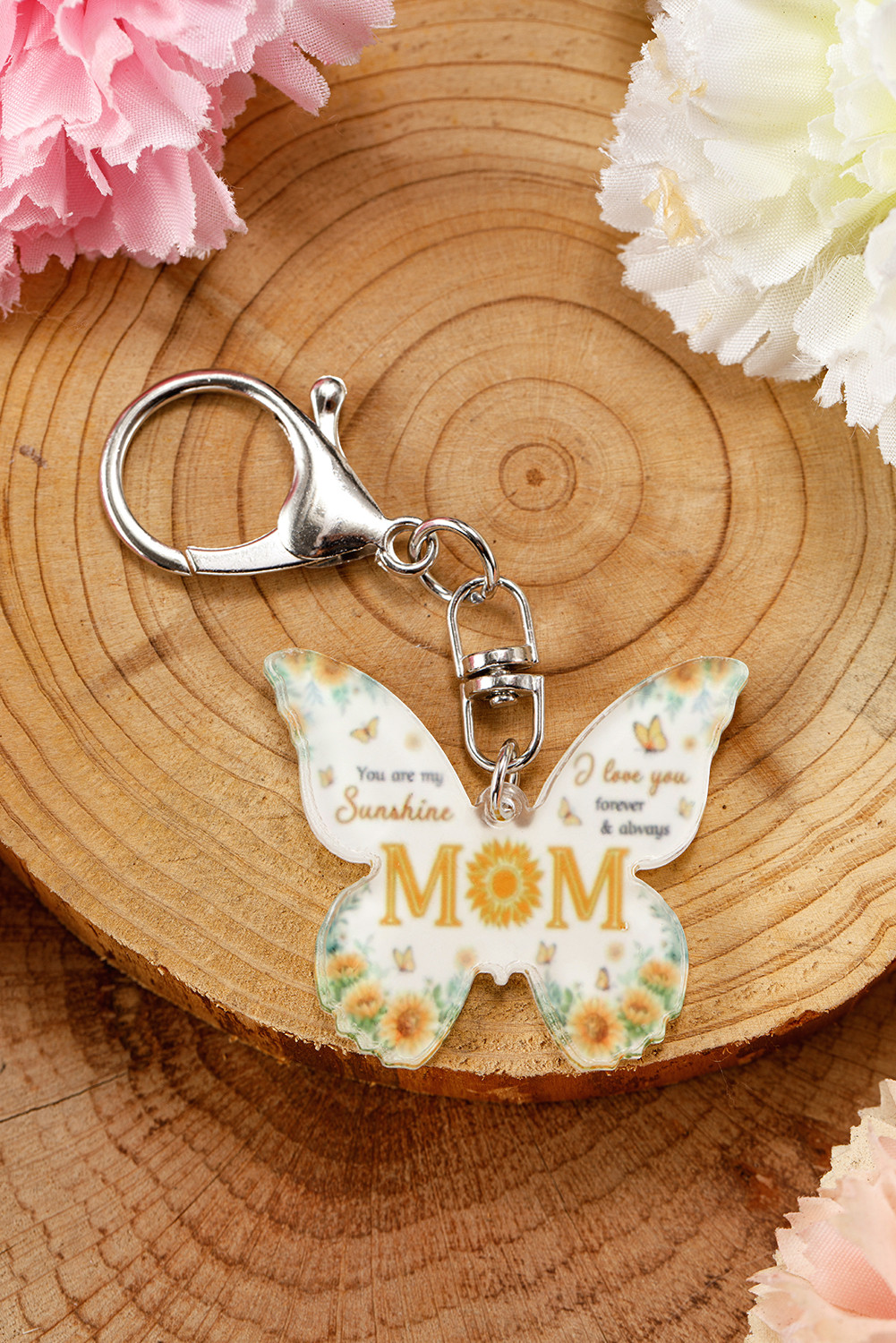 Yellow MOM Sunflower Print Butterfly Pendant Keychain