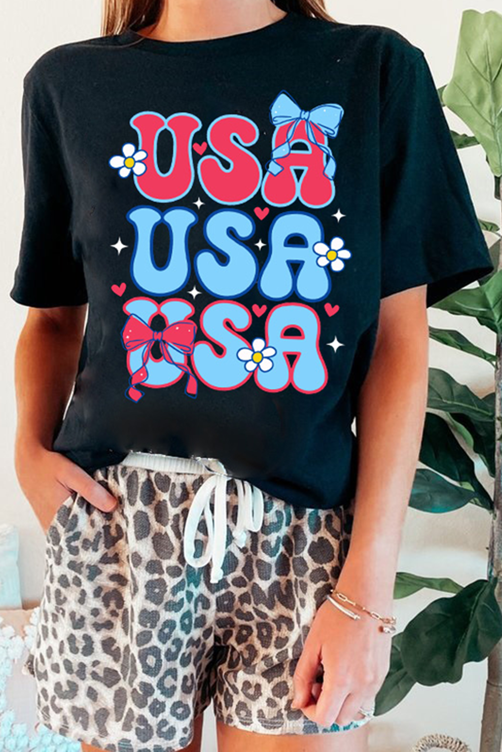 Black July 4th Cute Flower Bow USA Letter Graphic Tee