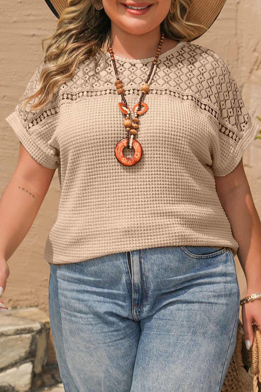 Oatmeal Lace Patchwork Waffle Short Sleeve Crewneck Plus Size Top
