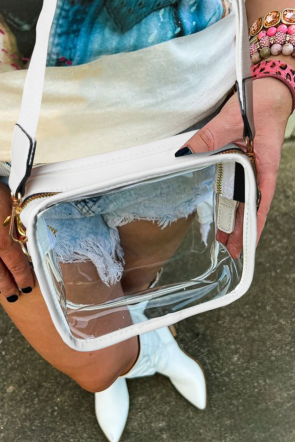 White PU Leather Strap Clear PVC Crossbody Bag