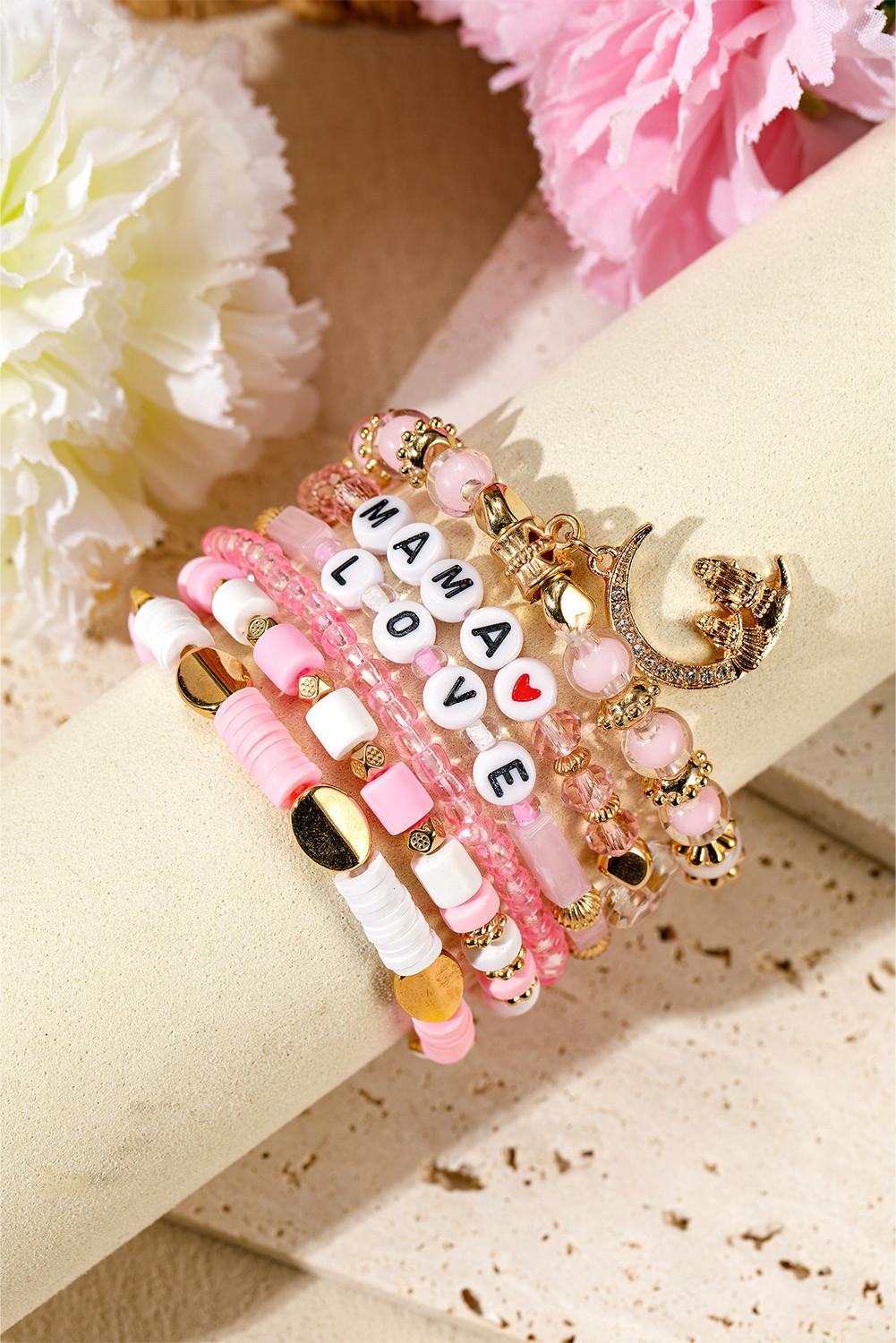 Pink MAMA LOVE Letter Beaded Bracelet Set