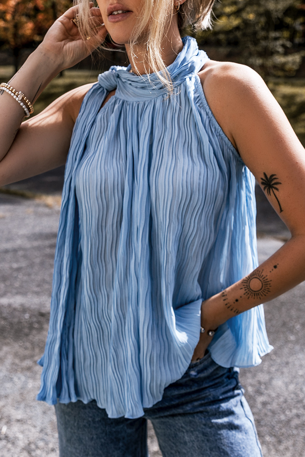 Myosotis Textured Pleated Tie Mock Neck Flowy Sleeveless Top