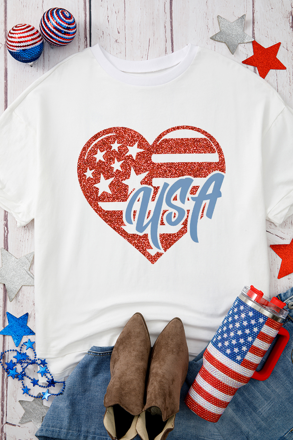 White USA Heart Graphic Crewneck Tee