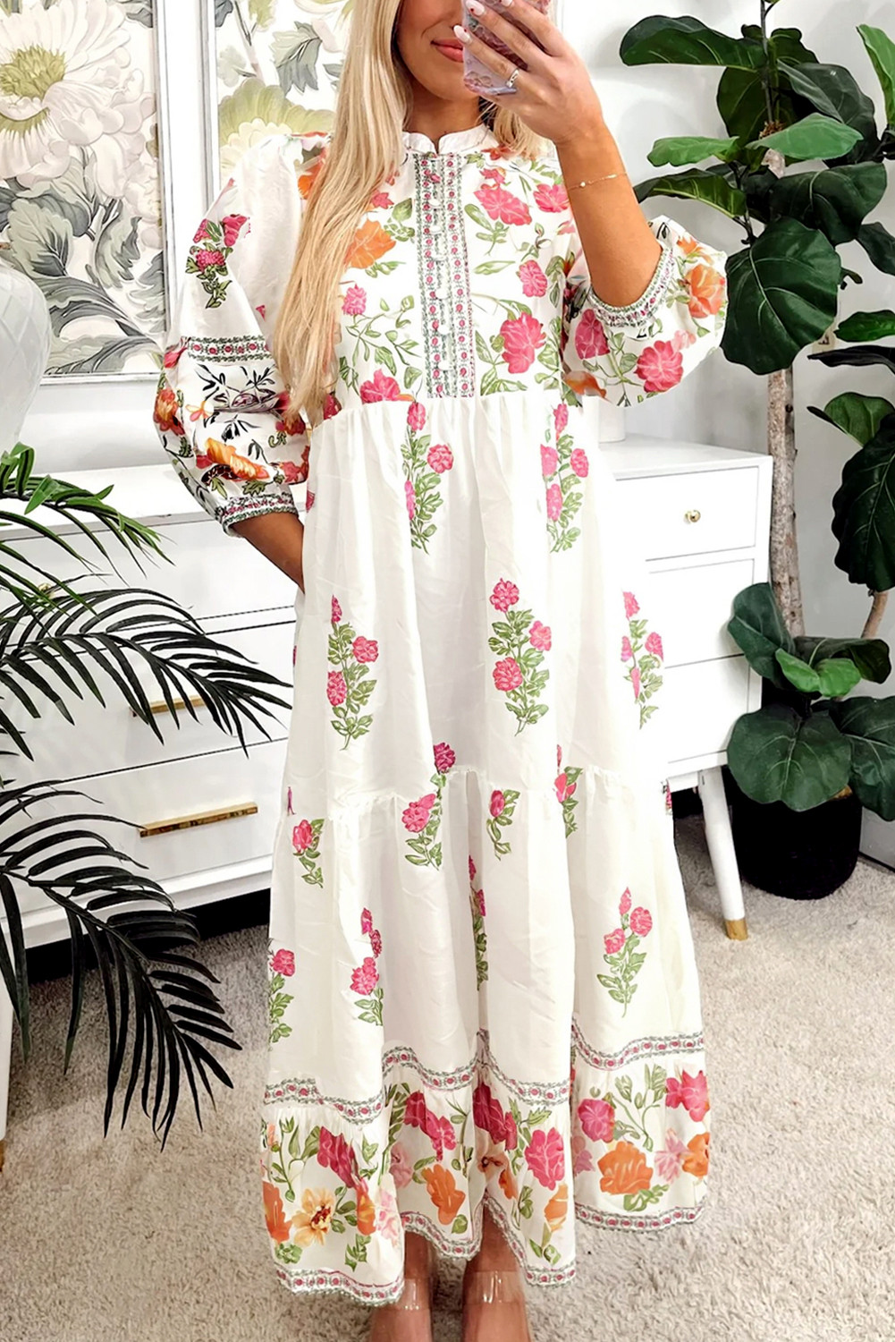 White Floral Print Loose Tiered Maxi Dress