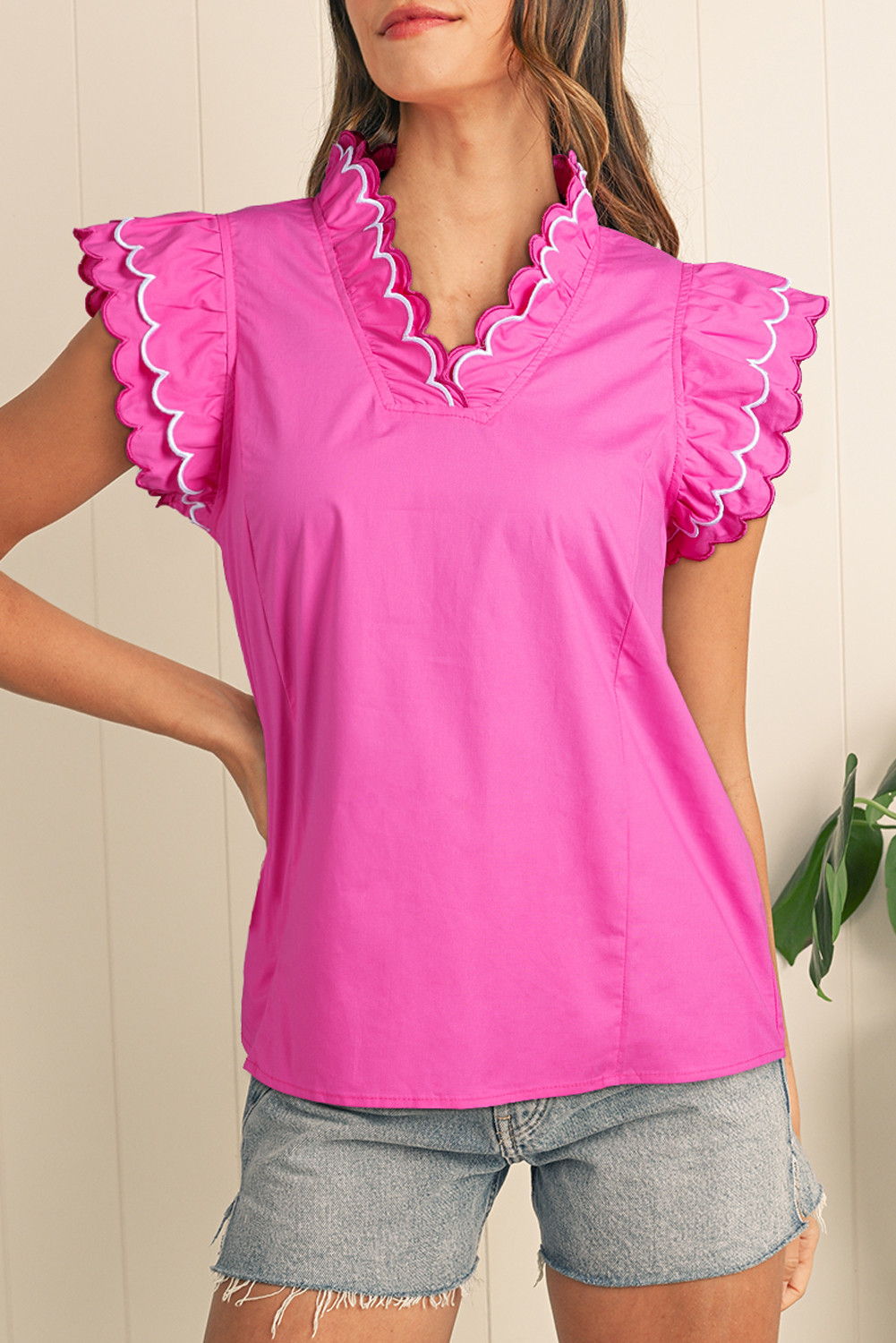 Bright Pink Scallop Trim V Neck Layered Short Sleeve Blouse