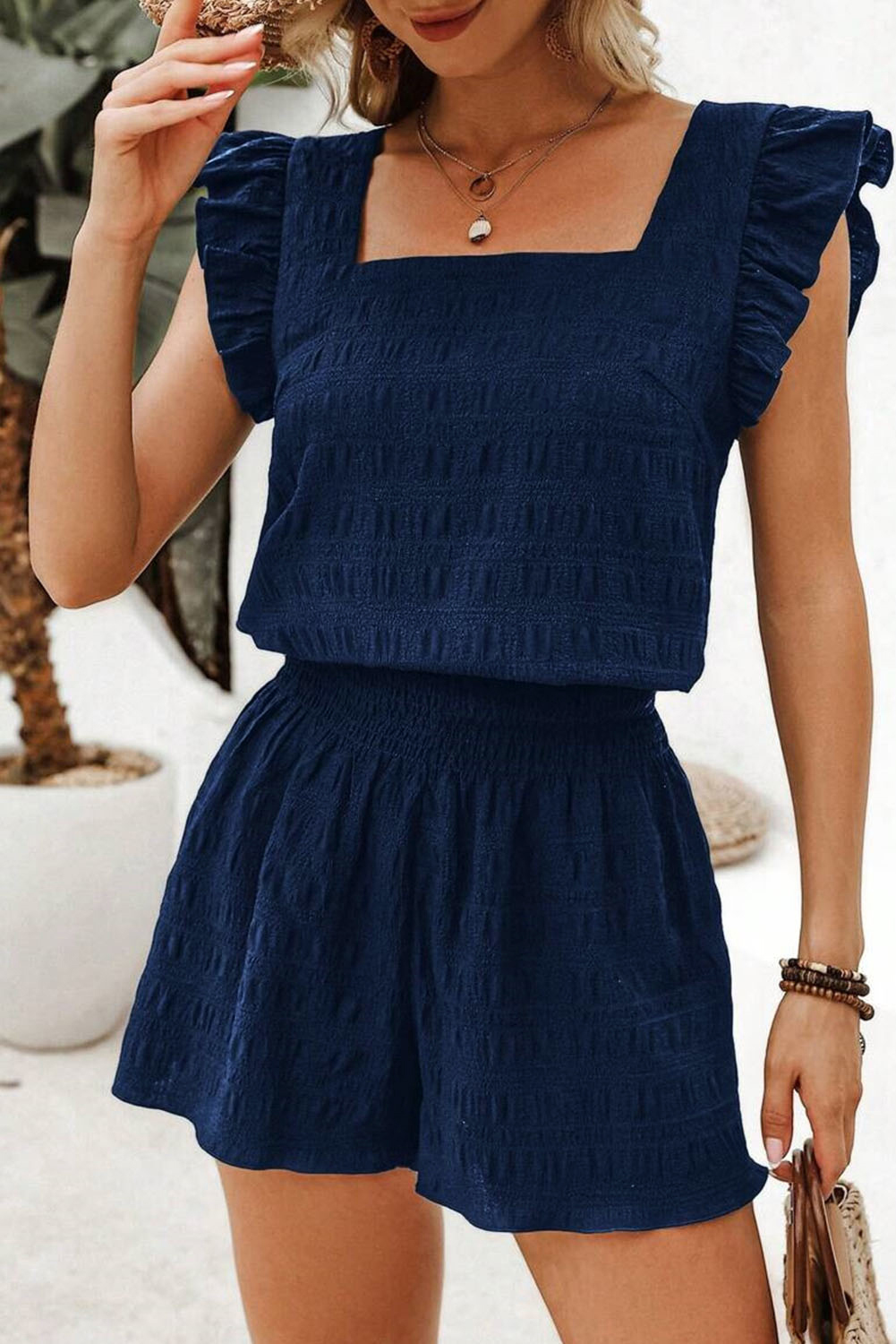 Shewin Wholesale Stores Dirty Blue Textured Ruffle Top and Shirred High Waist SHORTS Set