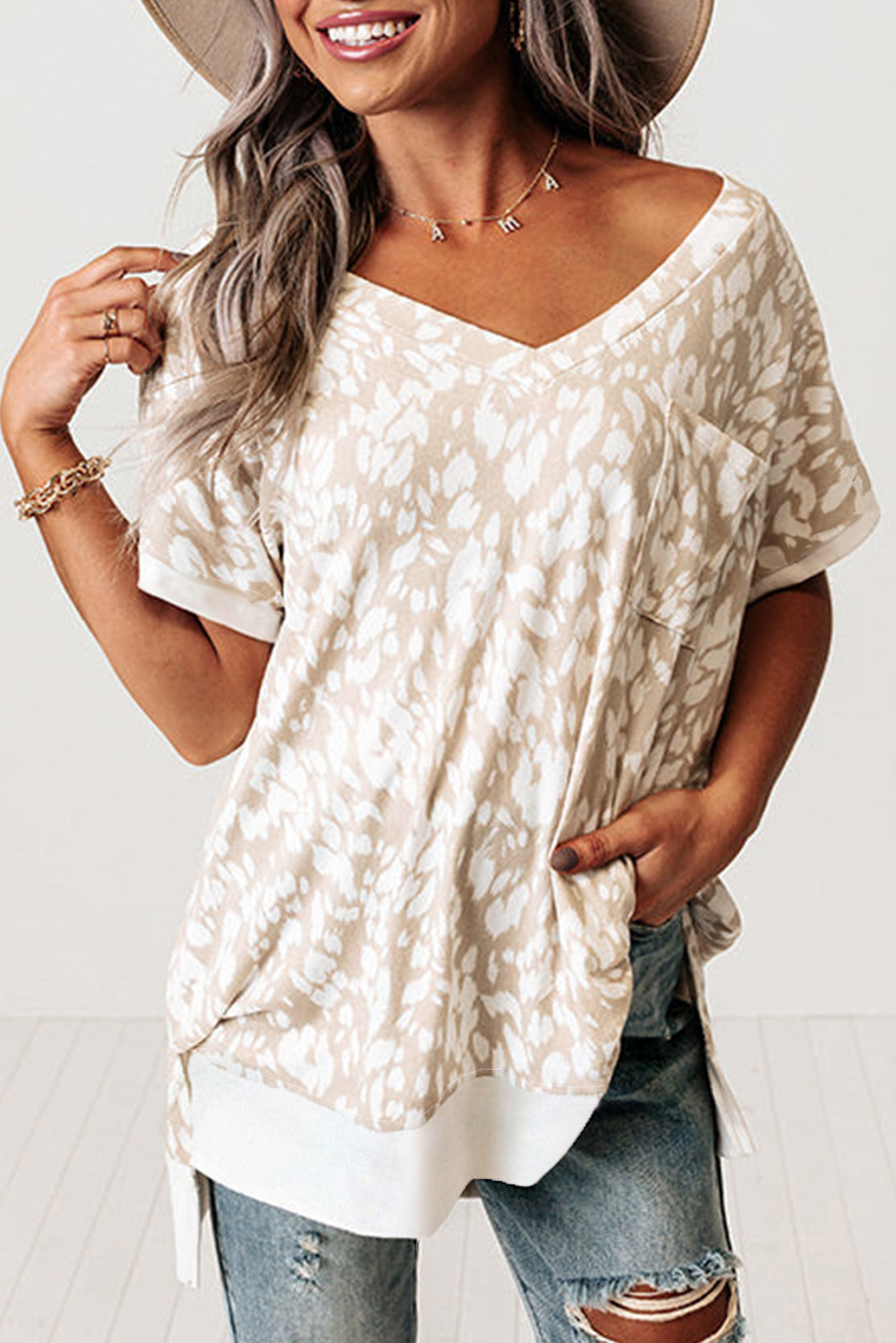 Khaki Leopard Print V Neck Side Slit Loose Fit T-Shirt