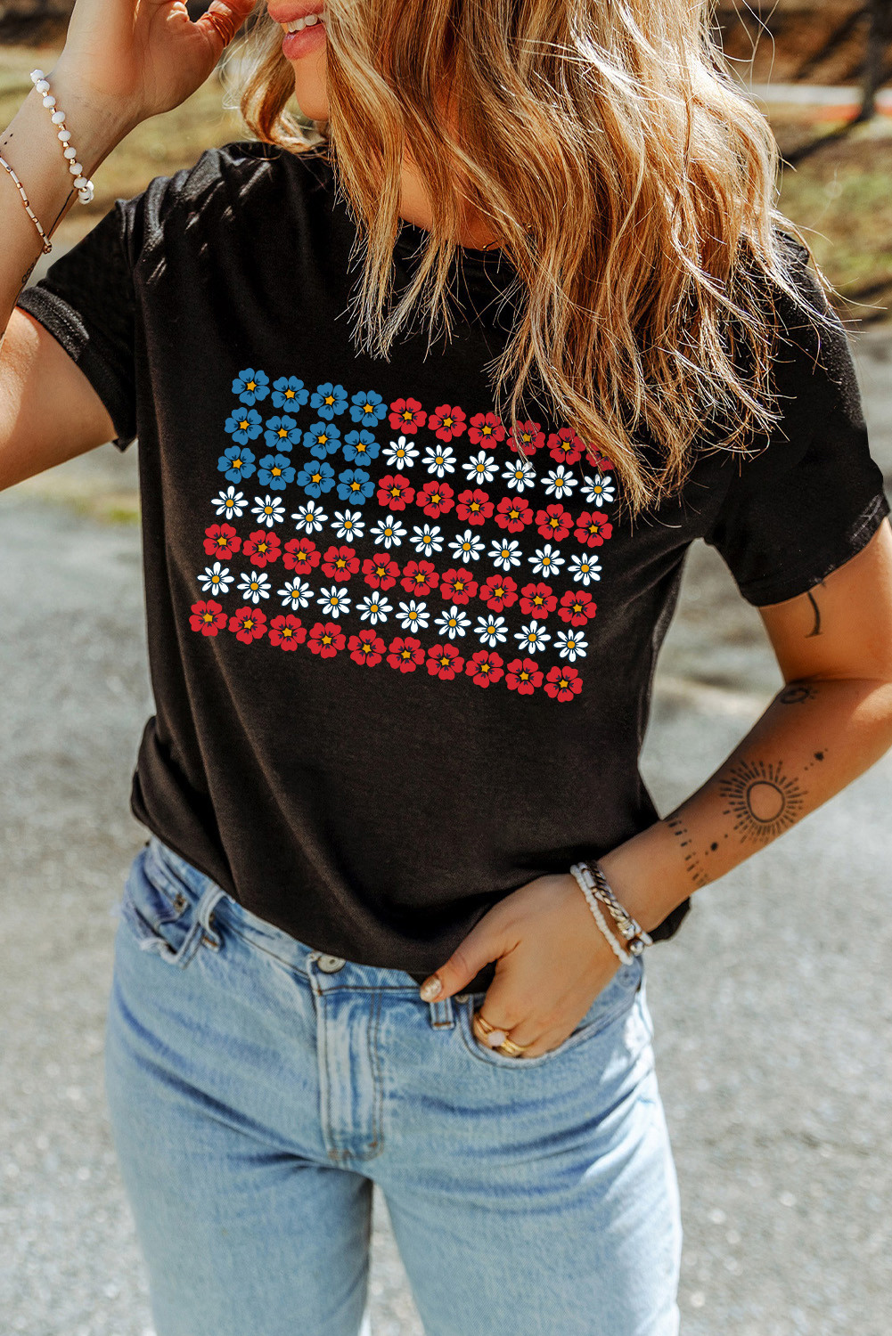 Black American Flag Inspired Flowers Graphic T Shirt
