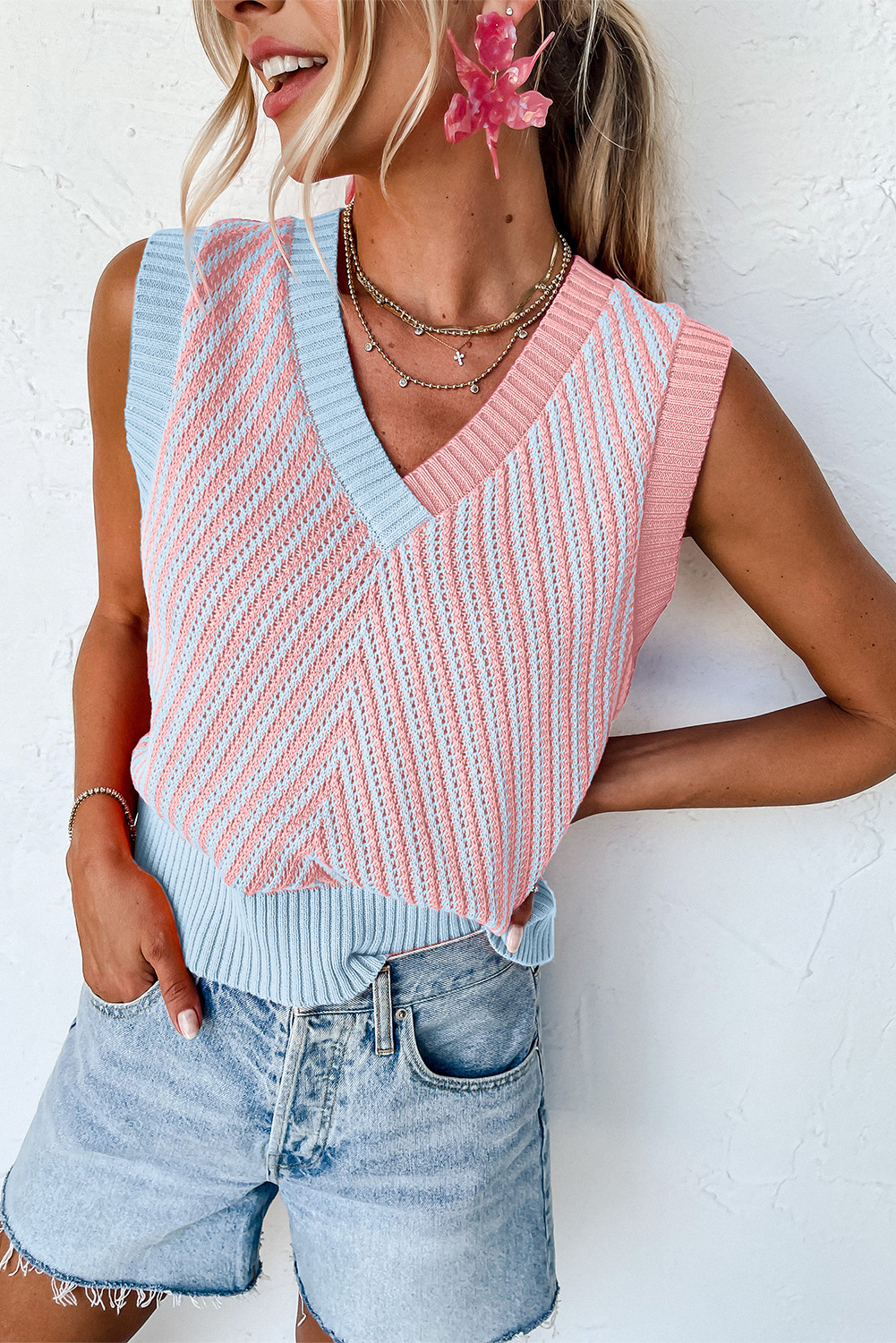 Light Pink Colorblock Chevron V Neck Knitted Vest
