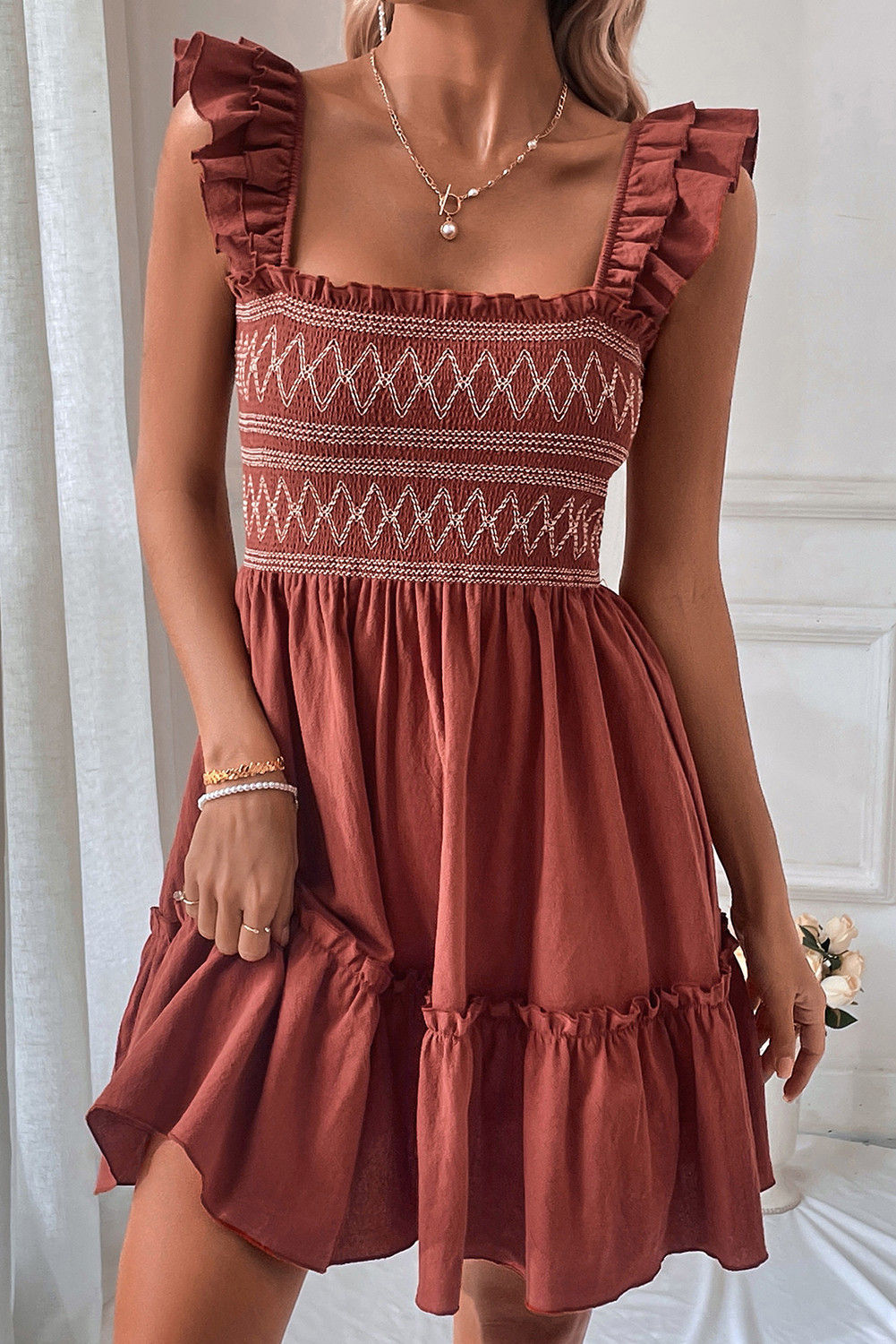 Red Sandalwood Geometric Stitch Shirred Bodice Ruffle Trim Sleeveless Mini Dress
