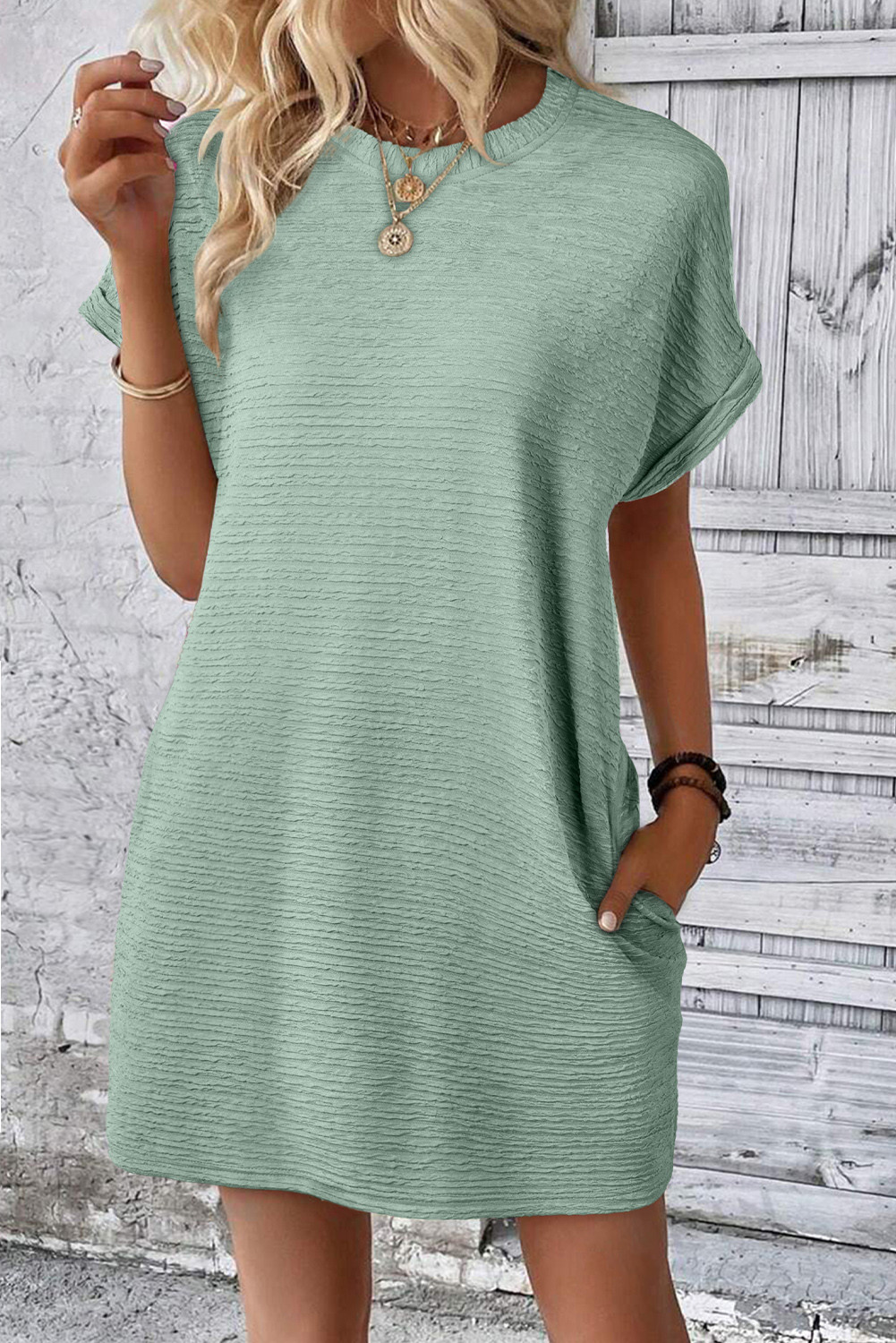 Grass Green Solid Color Textured Crinkle Mini T Shirt Dress