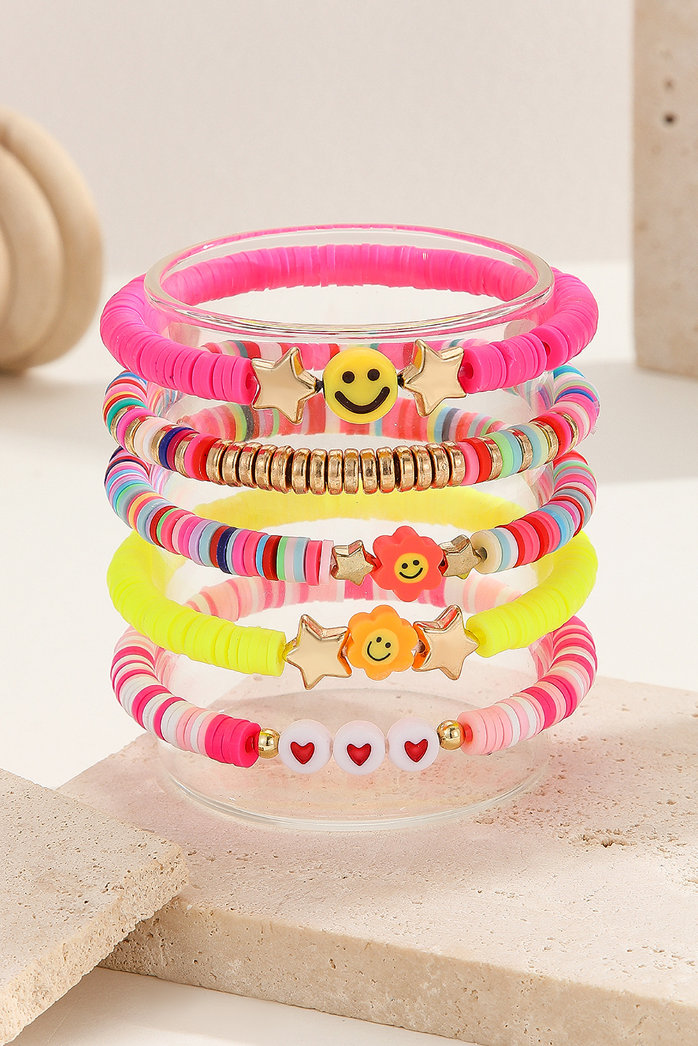 Bright Pink Smile Face Colorful Beaded Bracelet Set
