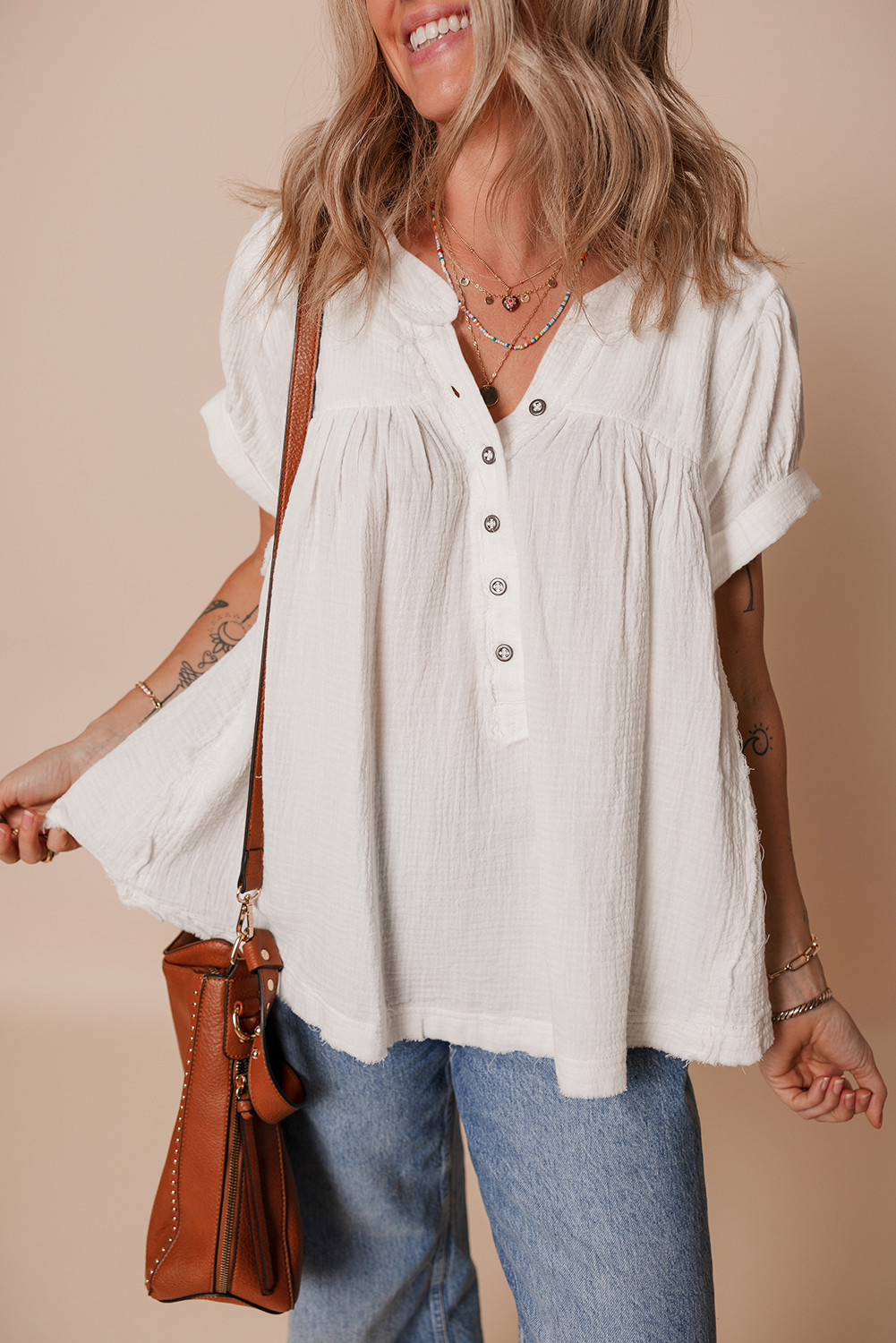 White Textured Short Sleeve Buttons Frayed Blouse
