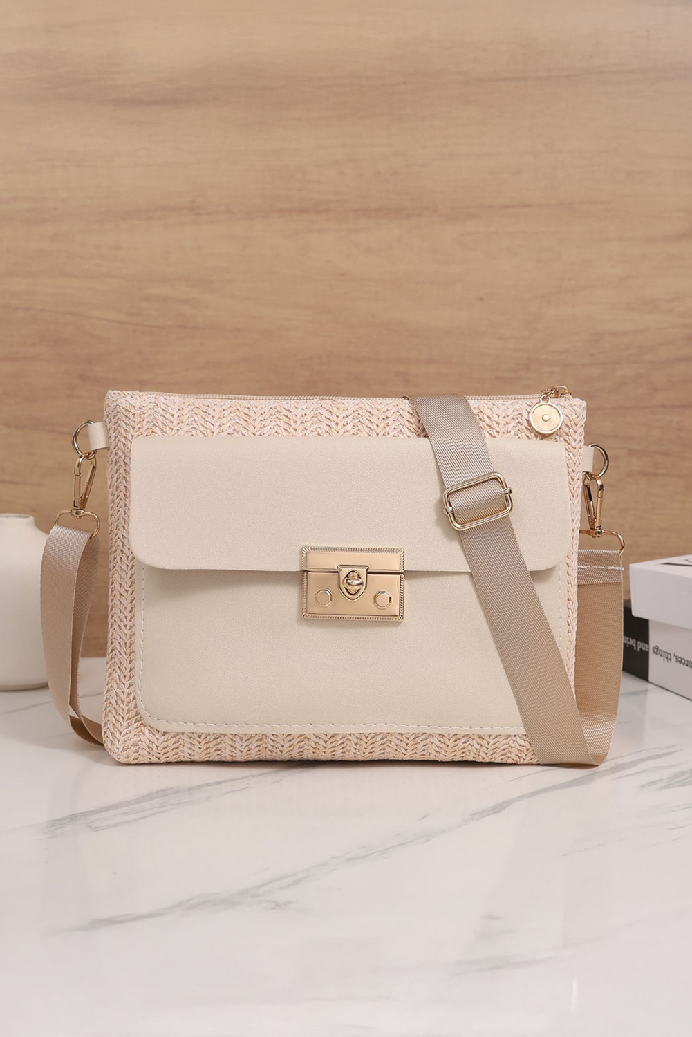 Beige Leather Pocket Patchwork Staw Woven Shoulder Bag