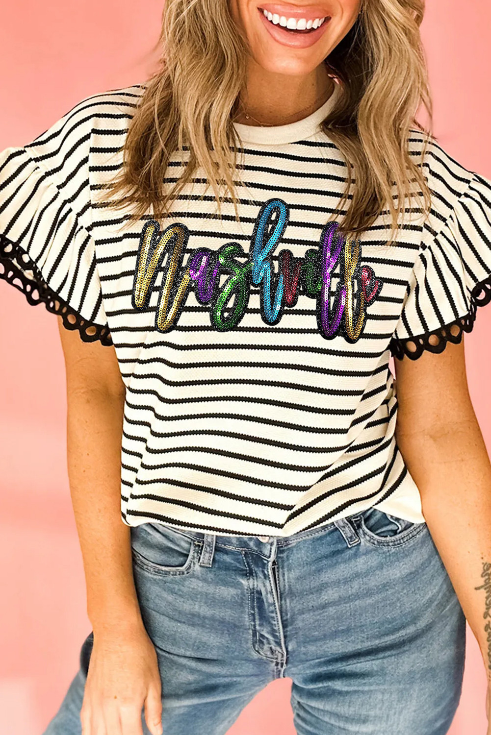 Black Stripe Sequin Nashville Graphic Lace Trim Ruffle Short Sleeve Top