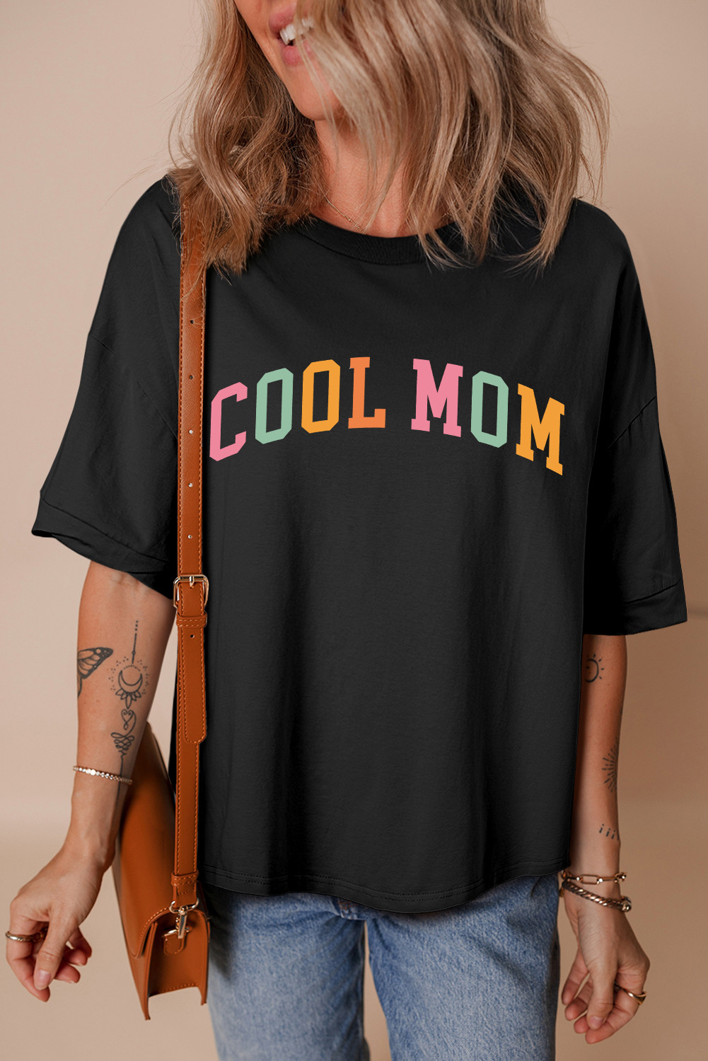 Black COOL MOM Colorful Letter Graphic Oversize T Shirt