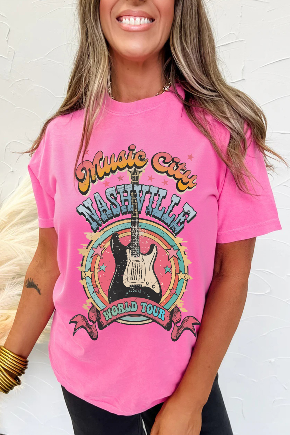 Sachet Pink Nashville WORLD TOUR Music City Guitarist Graphic Tee