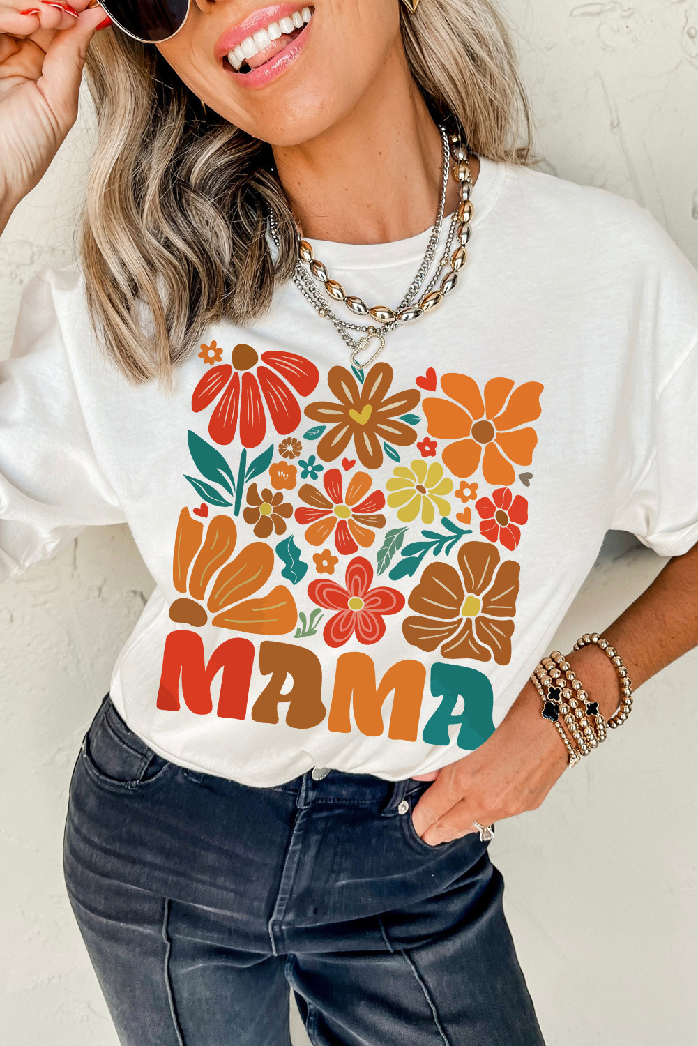 White MAMA Flower Graphic Crewneck Tee