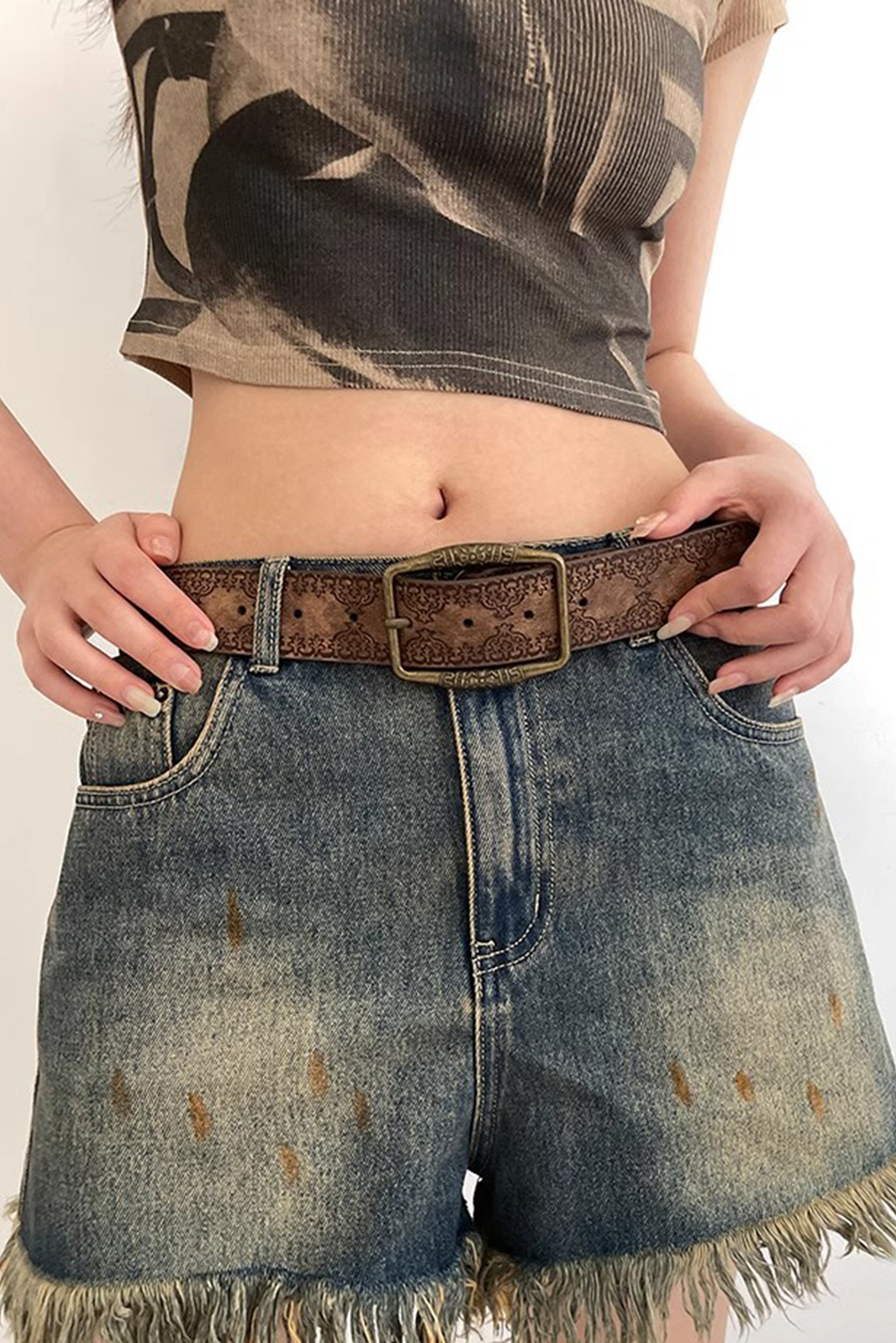 Shewin Wholesale Trendy Chestnut Vintage Pattern PU Leather Waist BELT