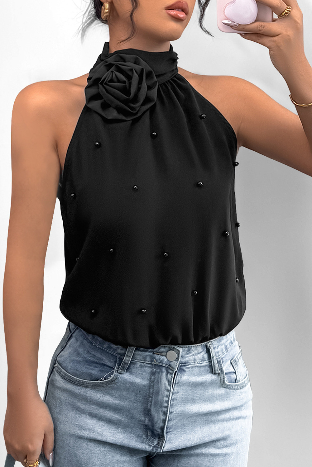 Black Beaded Decor Flower Halter Bodysuit