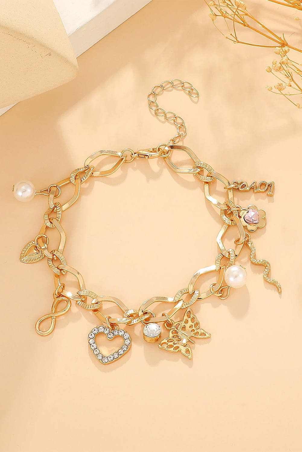 Shewin Wholesale Trendy Gold Heart Butterfly Pearl Charm Alloy BRACELET