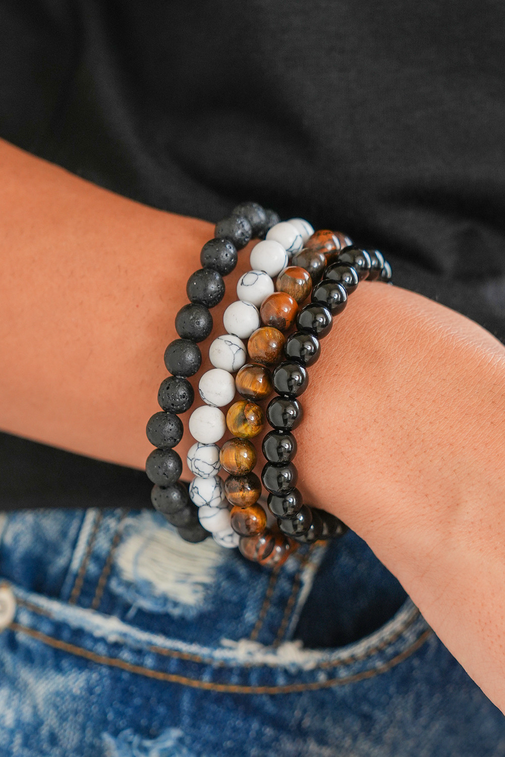 Black Retro Crystal Marble Beaded Bracelet Set