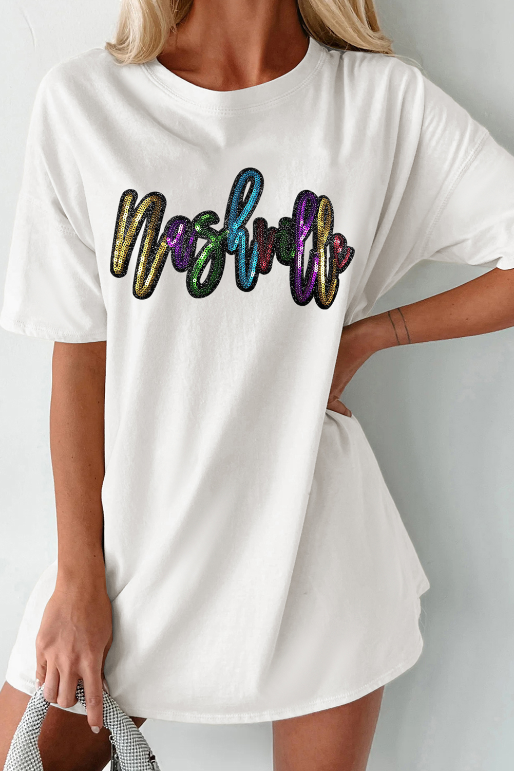 White Colorful Sequin nashville Letter Graphic Tee