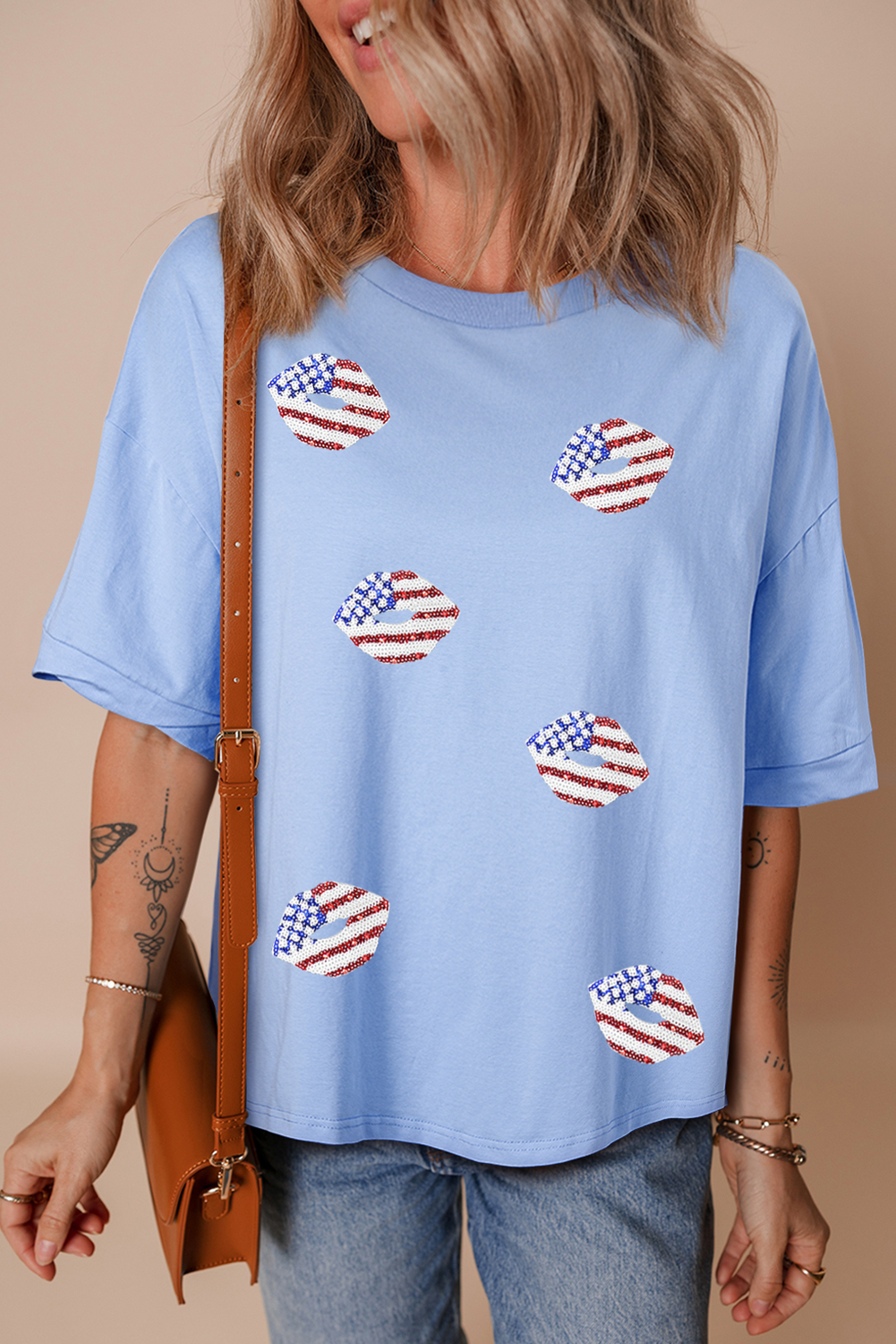 Myosotis Sequin American Flag Lip Graphic Oversize T Shirt