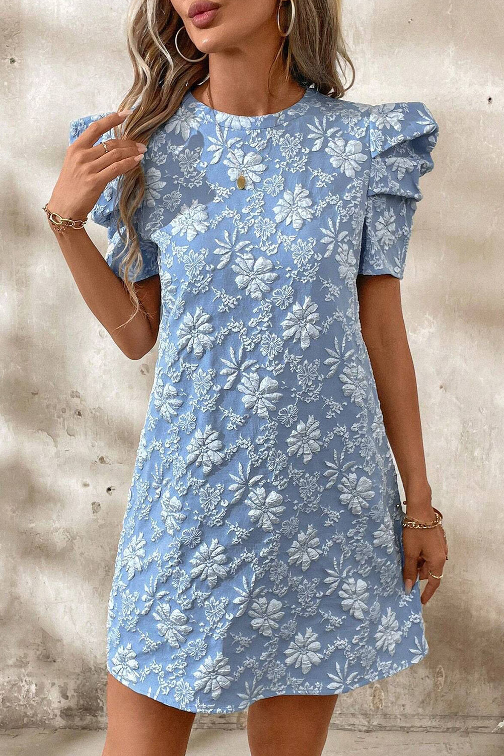 Shewin Wholesale SUMMER Sky Blue Floal Jacquard Elegant Mini DRESS
