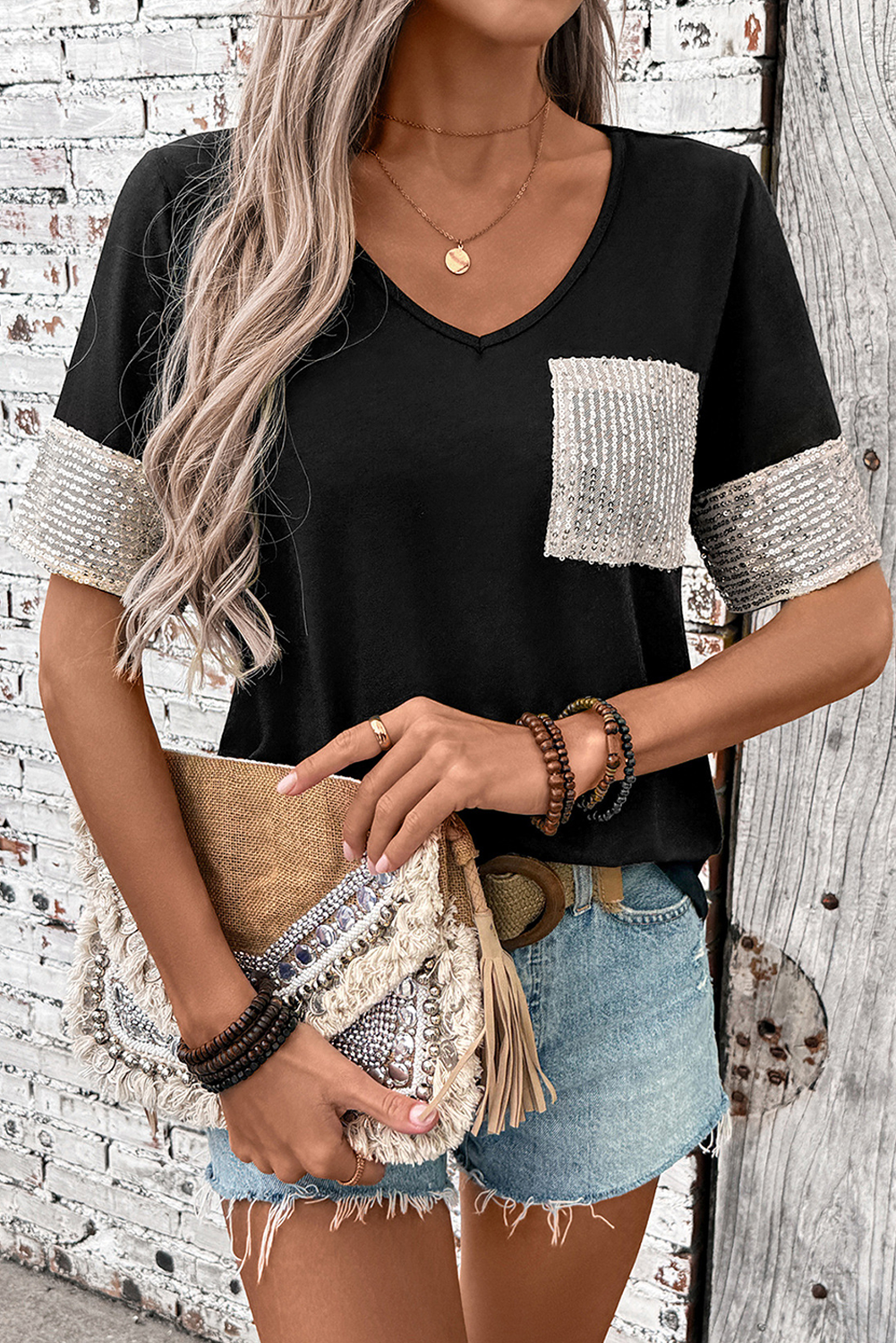 Black Sequin Pocket Patchwork Sleeve V Neck T Shirt