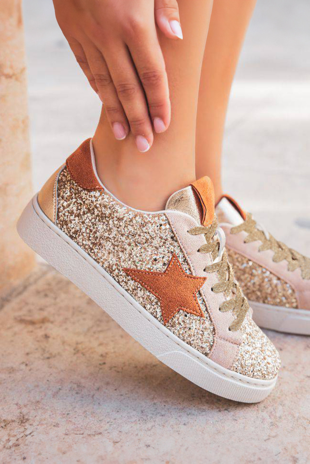 Gold Glitter Star Lace Up Sneakers