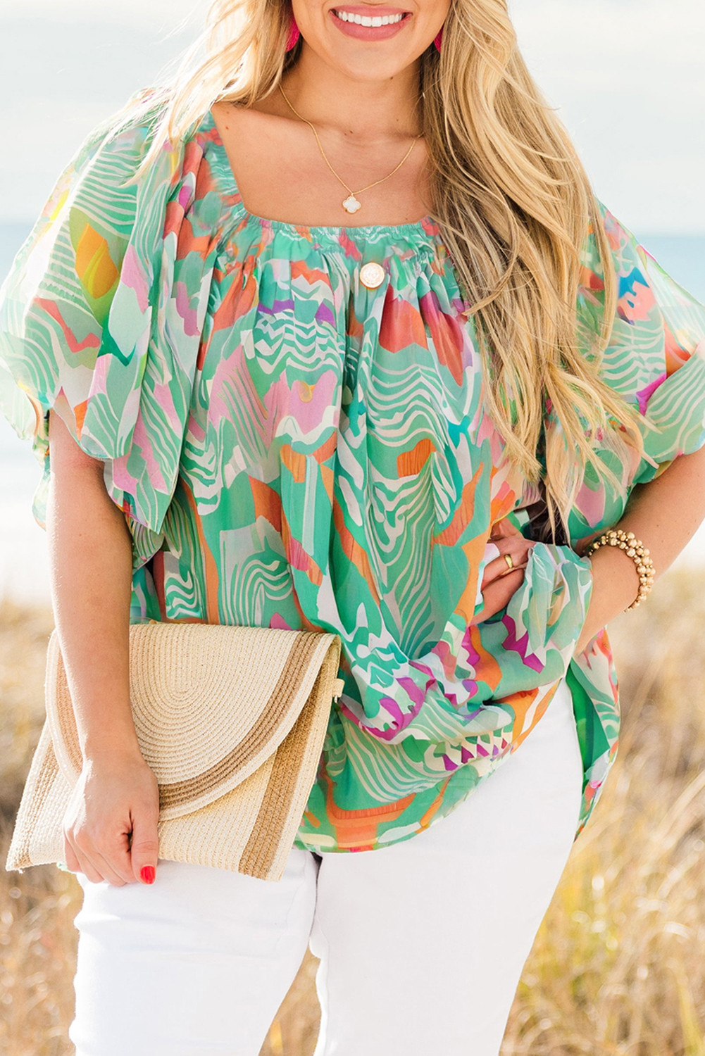 Green Boho Tropical Print Puff Sleeve Loose Plus Blouse