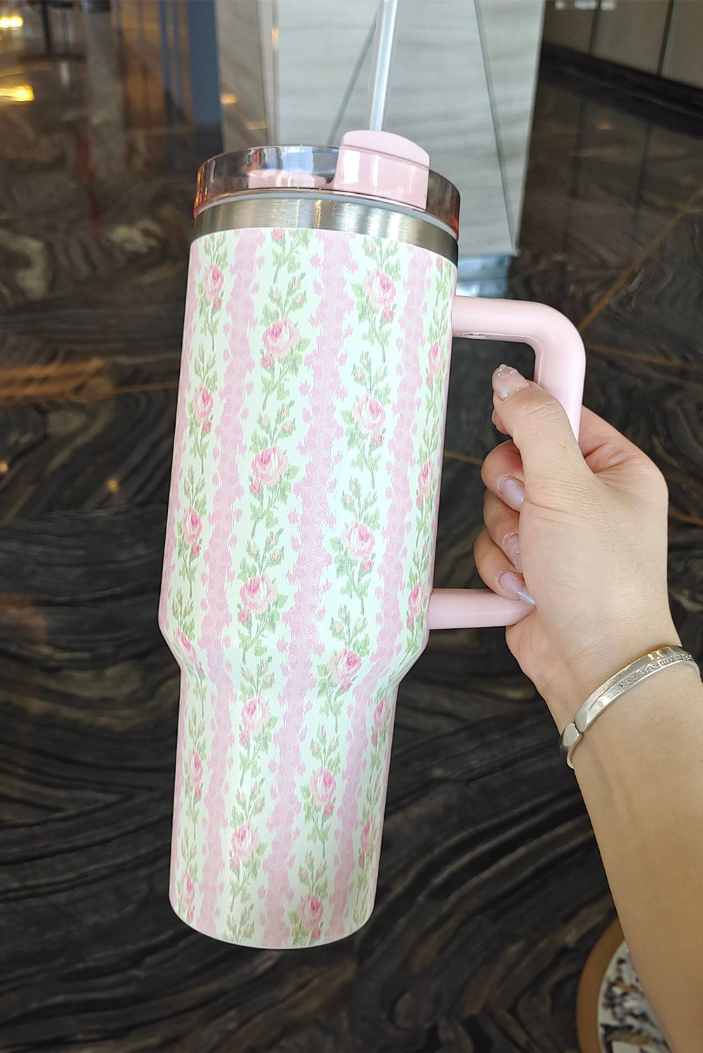 Pink Floral Print Tumbler Cup