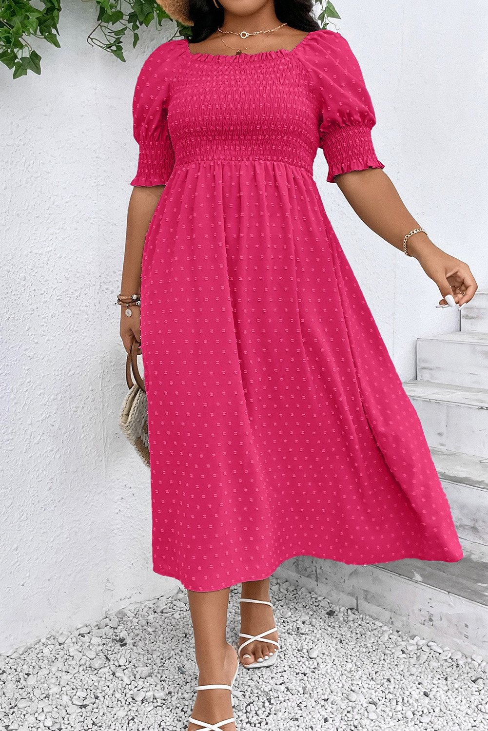 Sachet Pink Swiss Dot Smocked Frill Square Neck Plus Size Dress