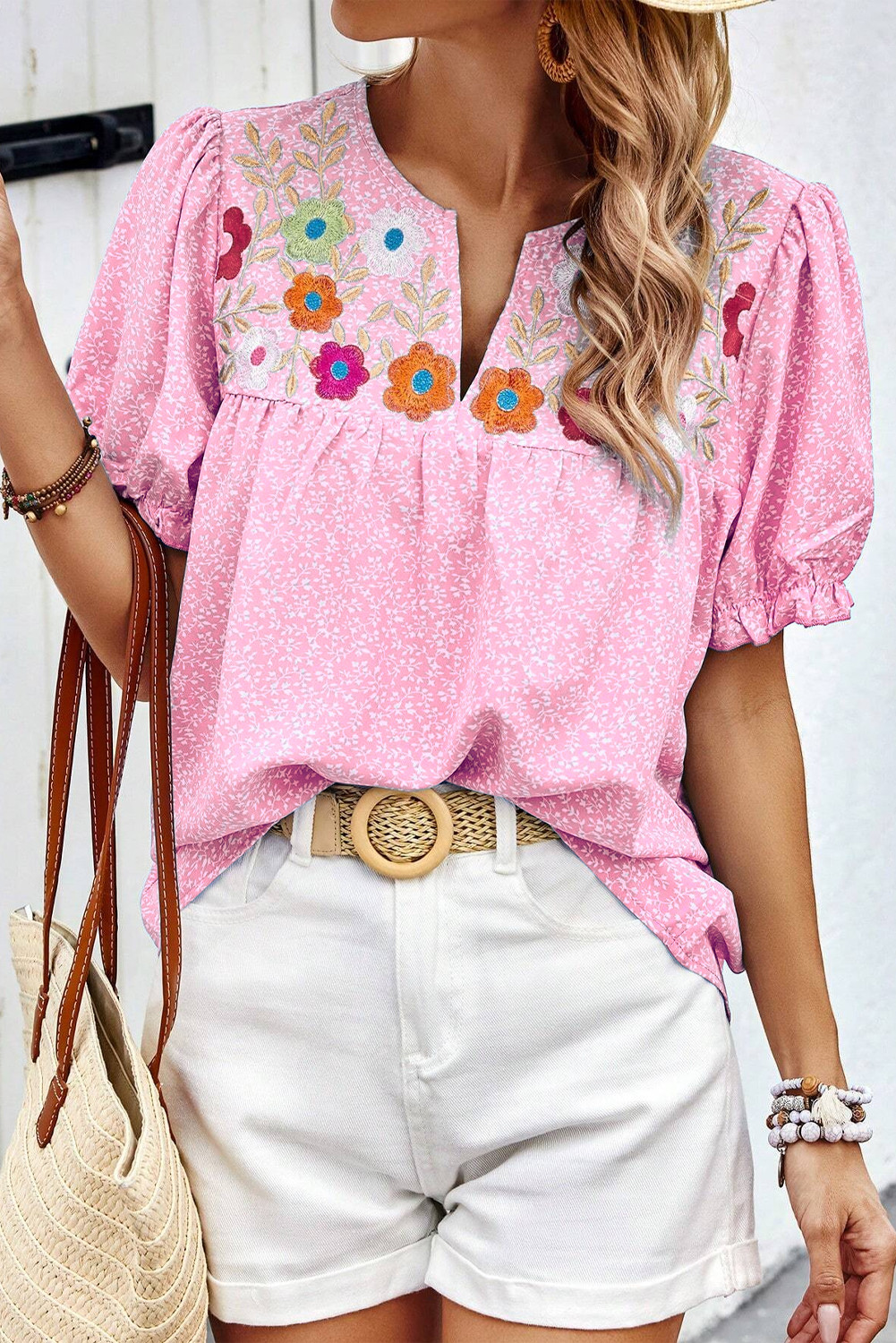 Pink Floral Embroidered Notched V Neck Puff Sleeve Blouse