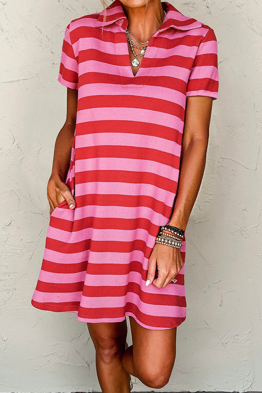 Red Stripe Collared V Neck Shift Mini Dress