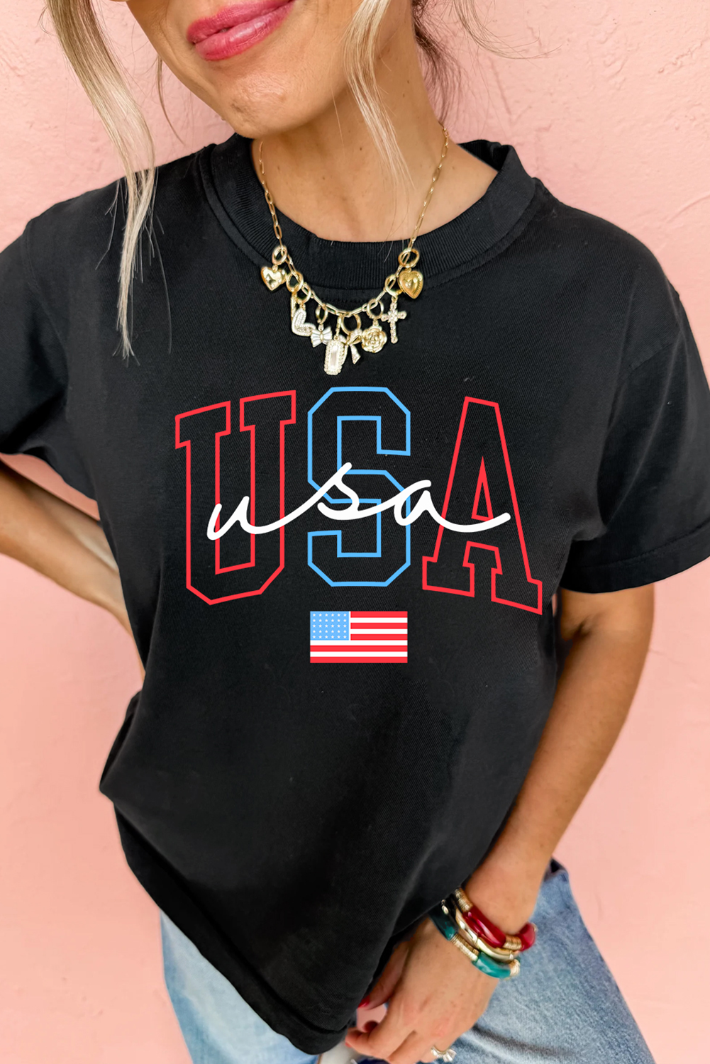 Black USA Letter American Flag Print Casual T Shirt