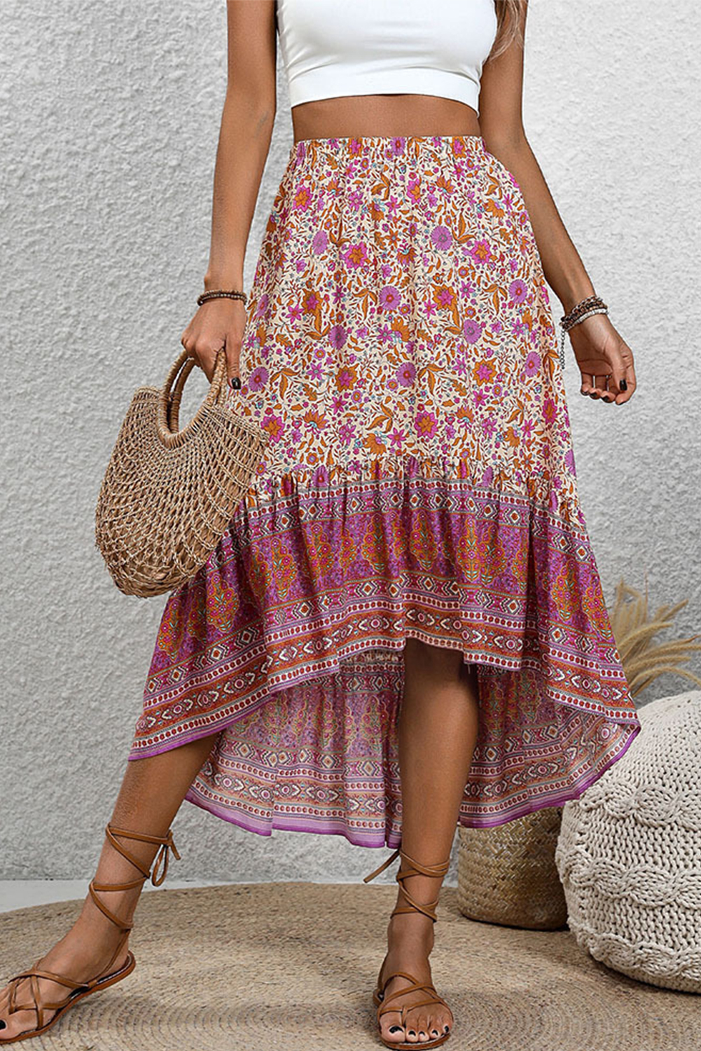 Shewin Wholesale Chic Lady Purple Boho Floral Print SKIRT